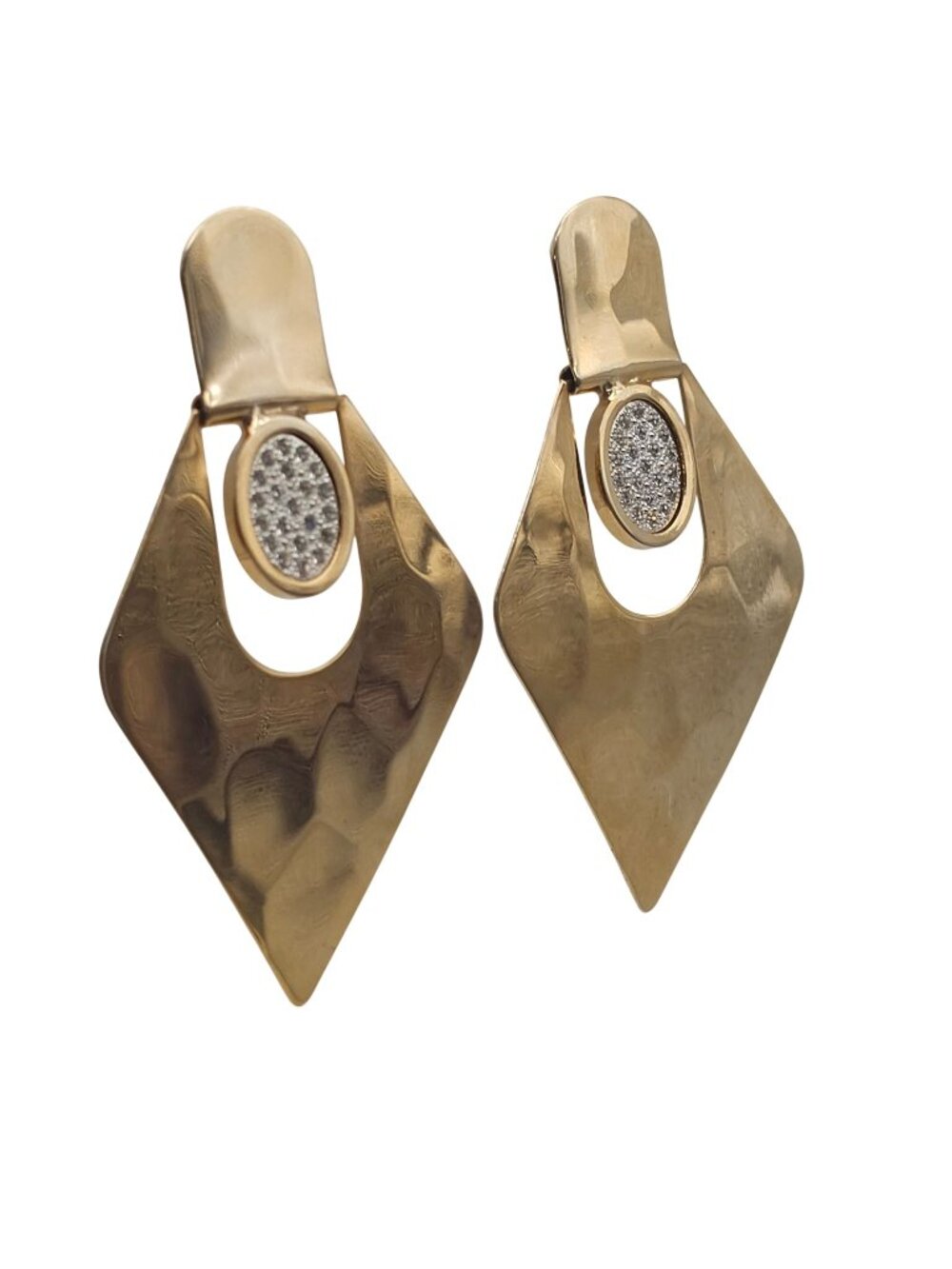 Vintage Hammered Gold Tone Geometric Diamond Dangle Drop Earrings Pave Rhineston